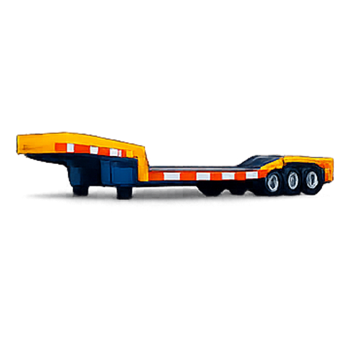 Rimorchio ribassato giallo e blu con strisce riflettenti arancioni e bianche.