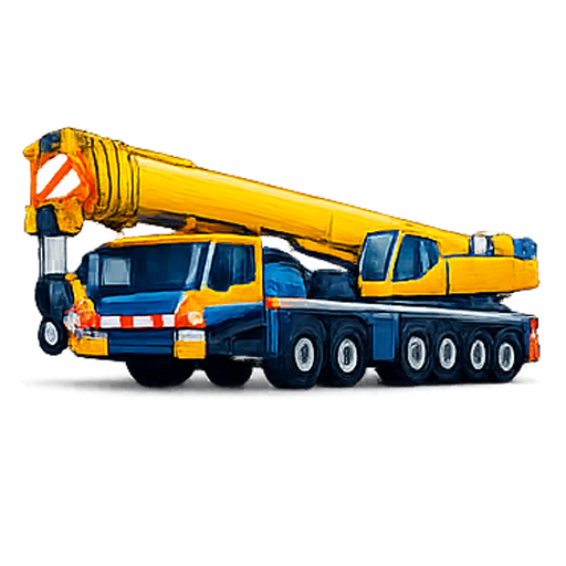 Autogru giocattolo gialla e blu, con braccio esteso.