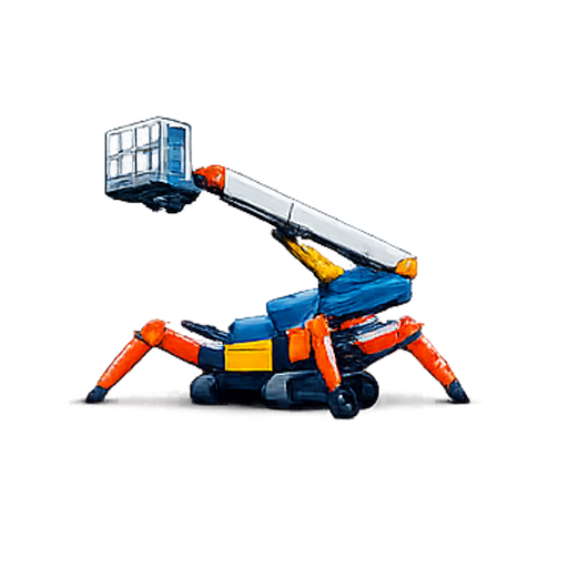 Ascensore da cartone animato, arancione e blu, con un cestino bianco esteso verso l'alto.