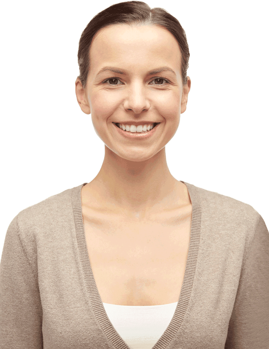 Woman with light brown hair, smiling, wearing a beige cardigan over a white top.