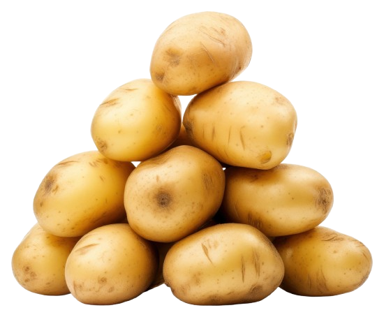 Tas de pommes de terre dorées, empilées en forme de pyramide.