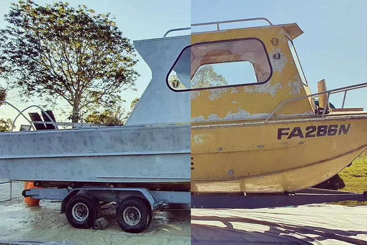 A before and after photo of a boat with the number fa286n
