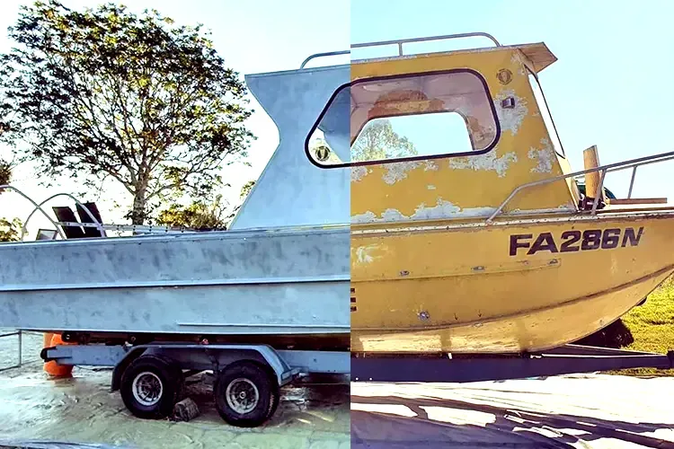A before and after photo of a boat with the number fa286n