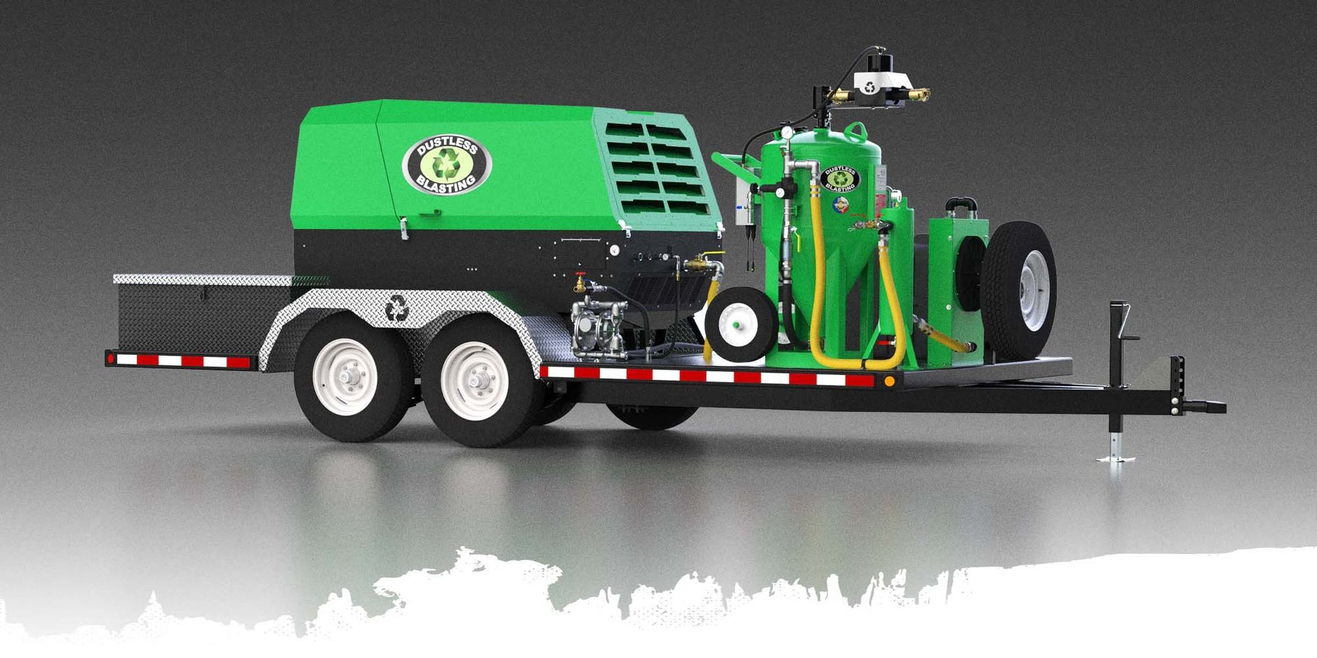 A green machine is on a trailer with a gray background