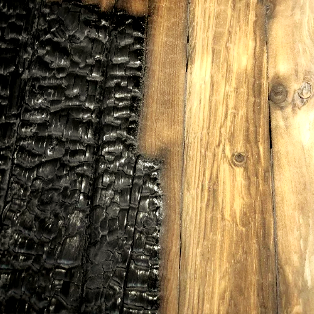 Before and after blasting fire damaged wood