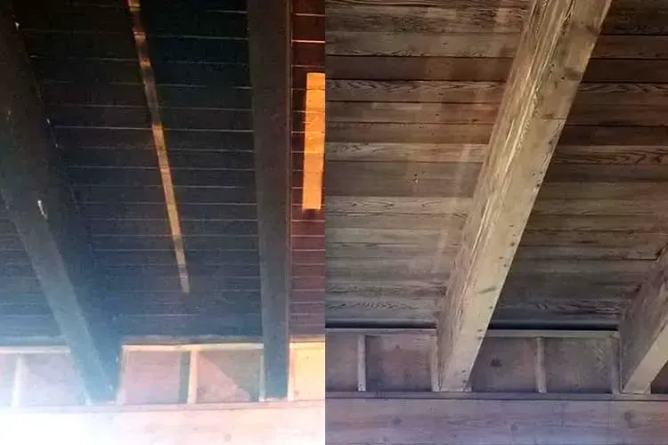 A picture of a wooden deck ceiling before and after dustless blasting.