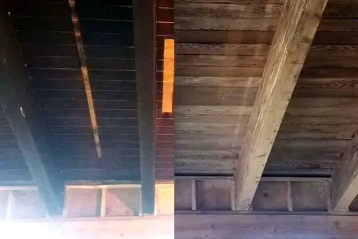 A picture of a wooden ceiling before and after being painted.