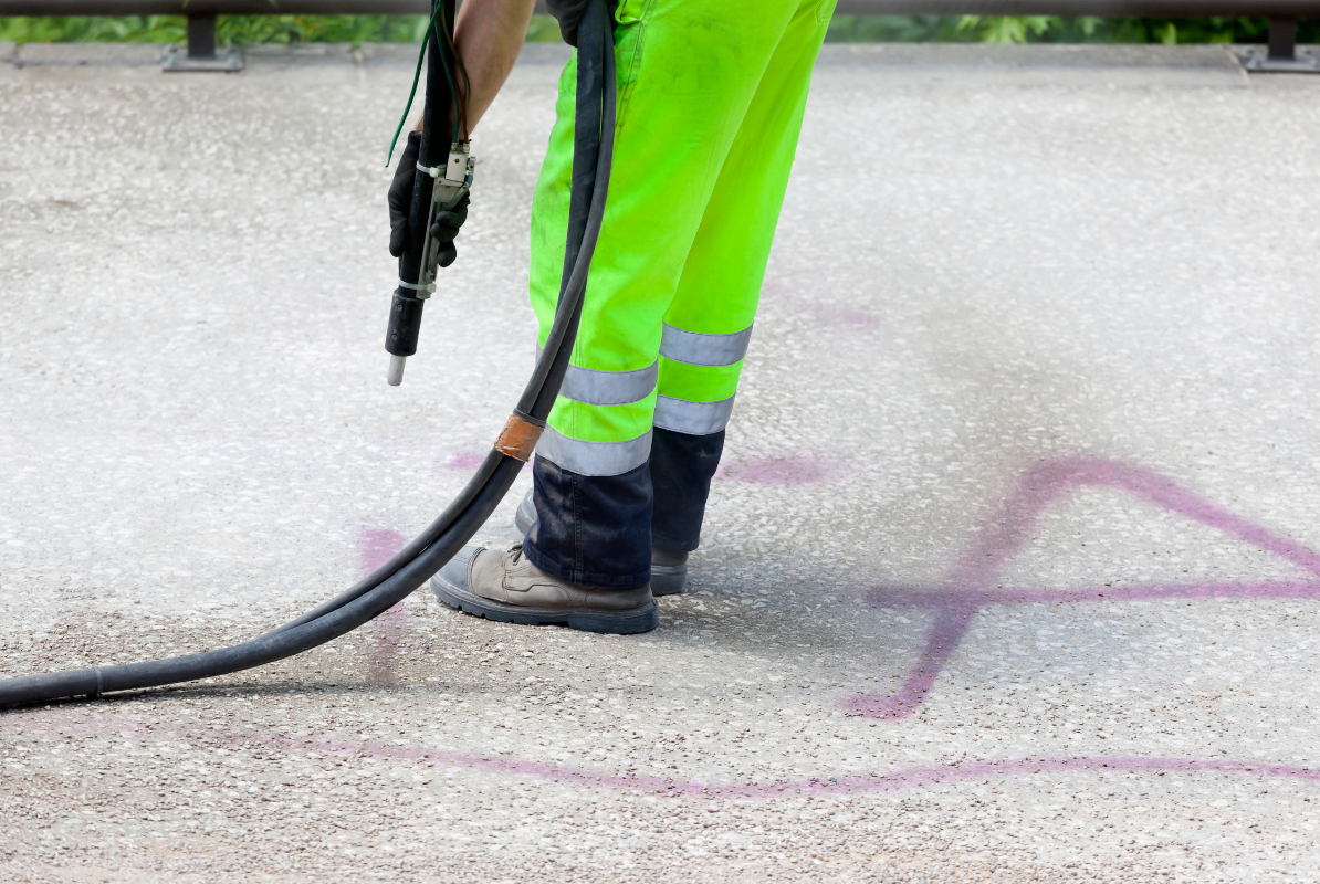 A man in yellow pants is spraying paint on the ground.