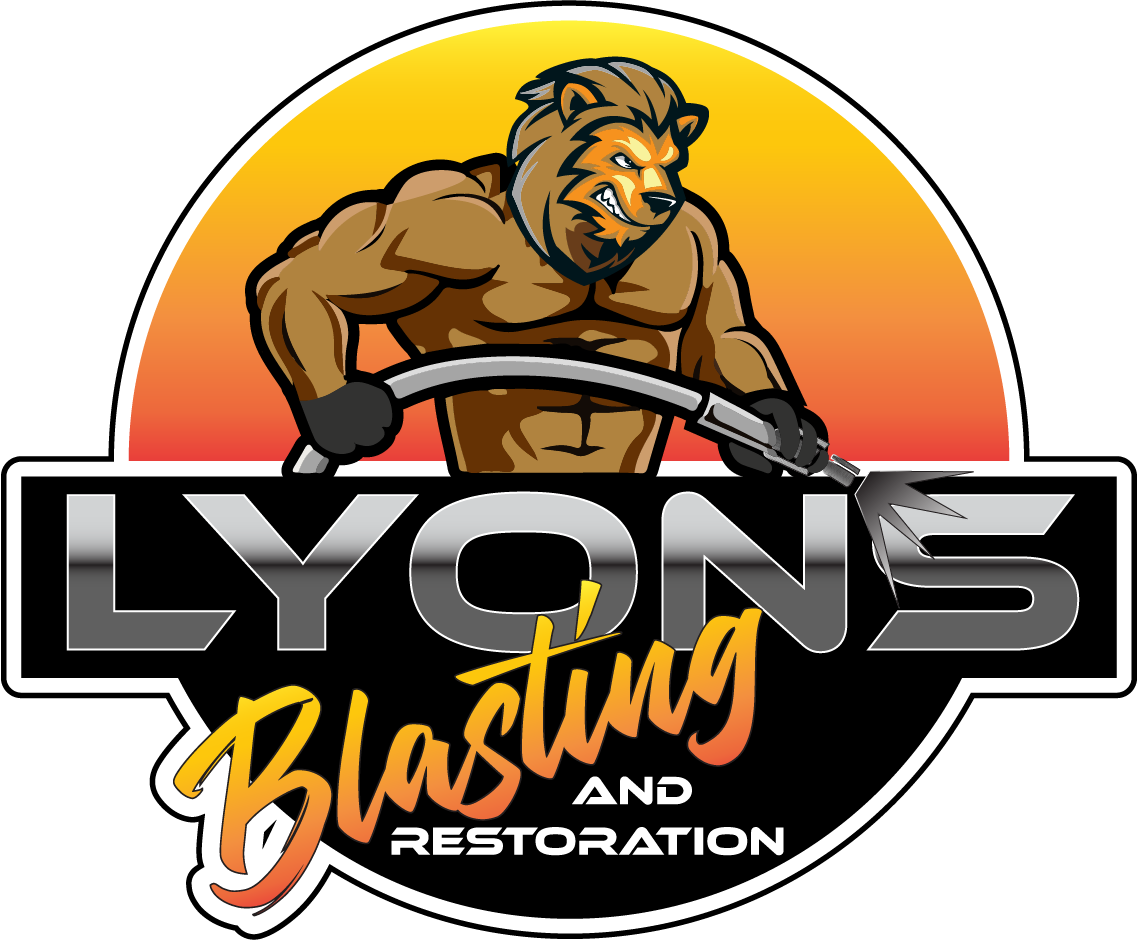 The logo for lyons blasting and restoration shows a lion holding a hose.