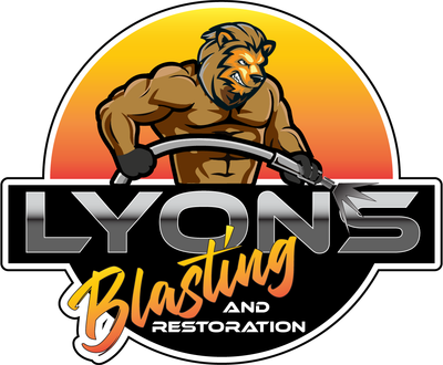 The logo for lyons blasting and restoration shows a lion holding a hose.