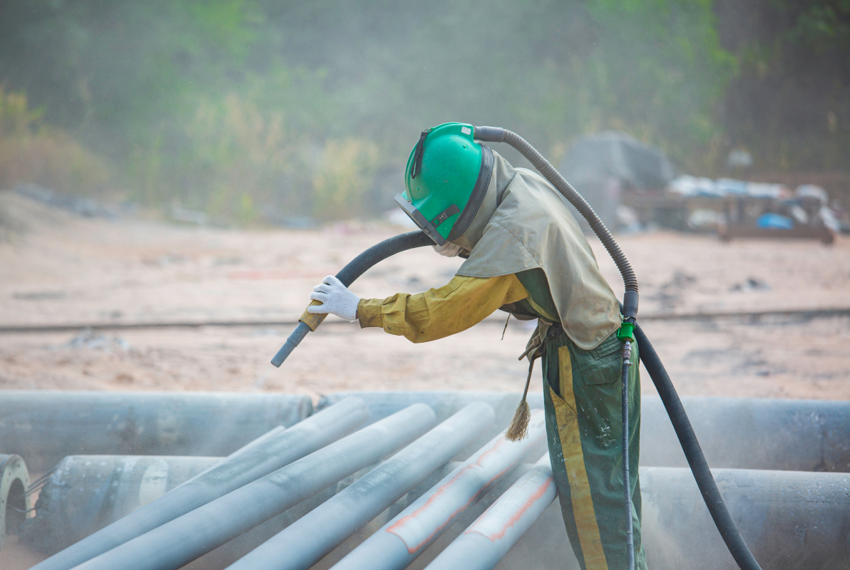 A man in a green helmet is sandblasting pipes on a construction site.