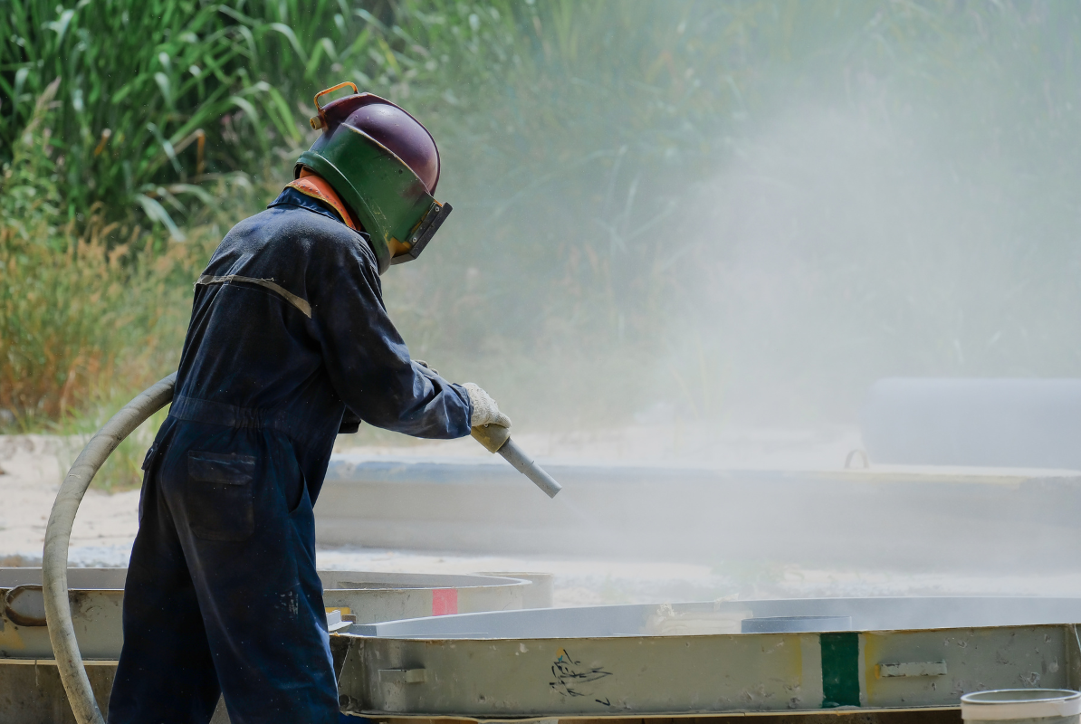 A man wearing a helmet and overalls is sandblasting a piece of metal.