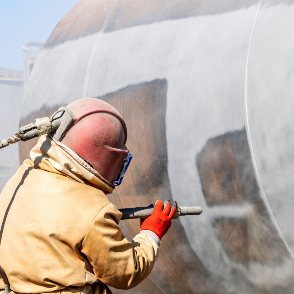 A man wearing a helmet and gloves is sandblasting a large propane tank