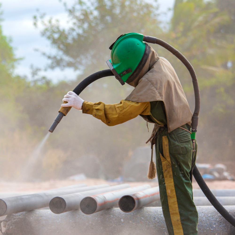 A man wearing a green helmet is sandblasting pipes