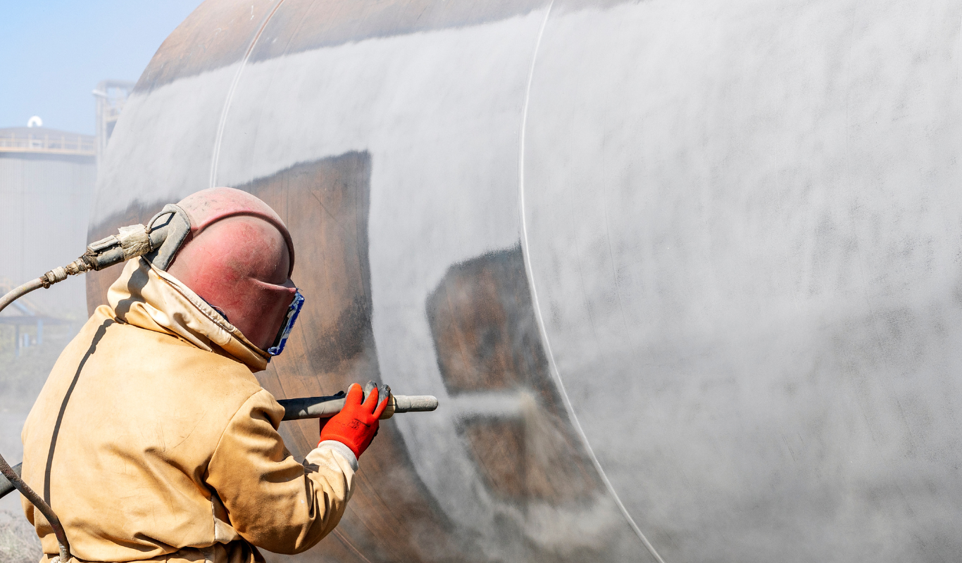 A man wearing a helmet and gloves is sandblasting a wall.