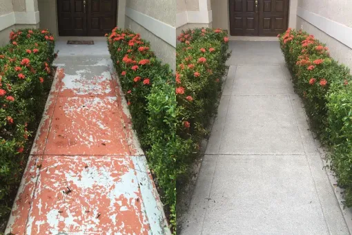 A before and after photo of a concrete walkway with badly chipped paints and a clean blasted concrete walkway after Lyons' services
