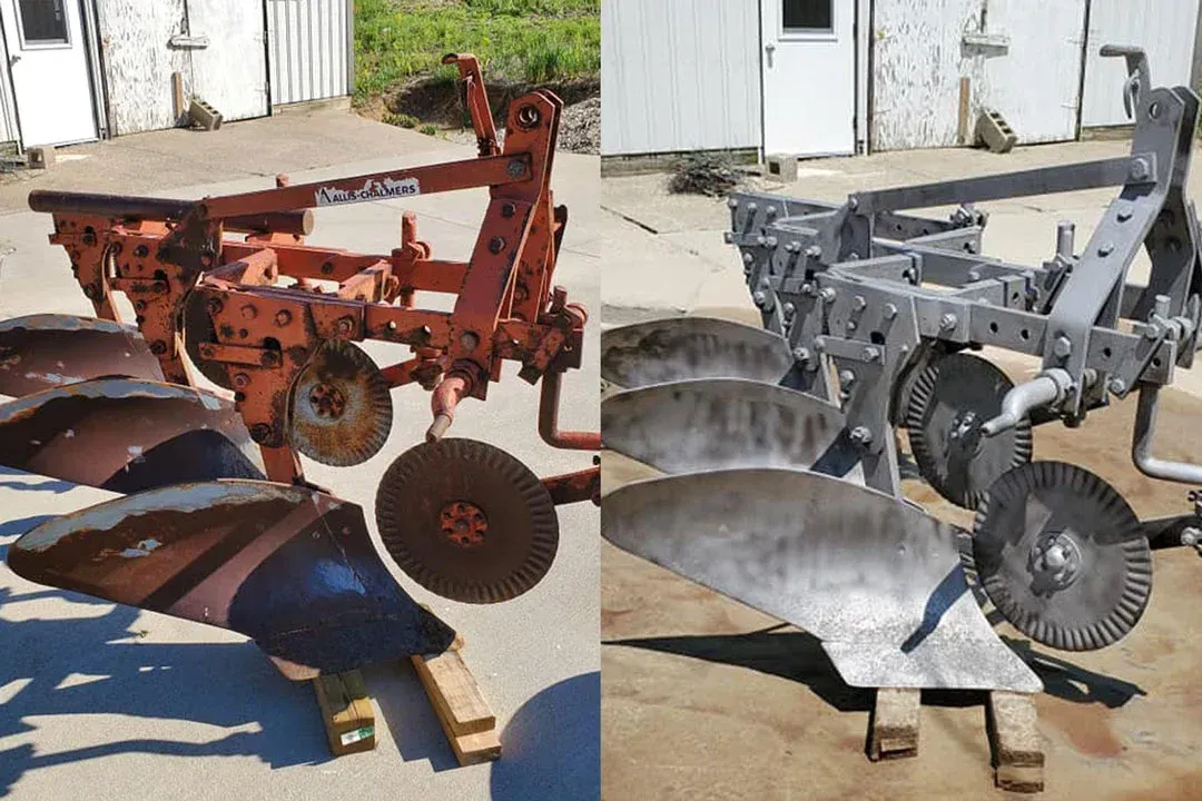 Two pictures of a plow before and after being cleaned.