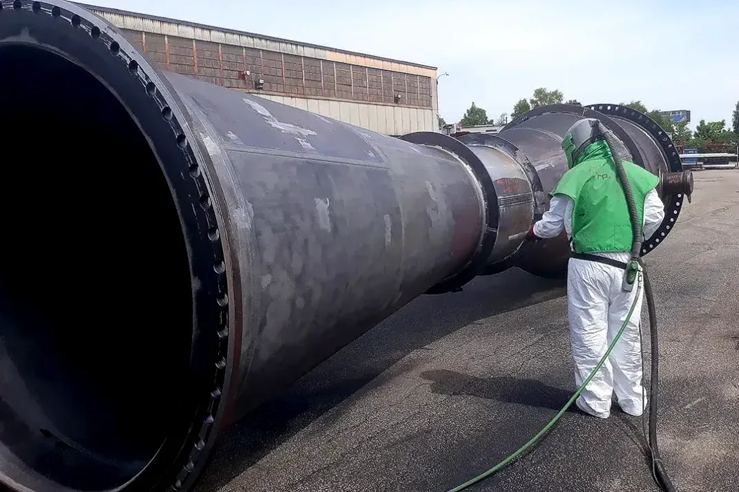A man in a green suit is sandblasting a large pipe.