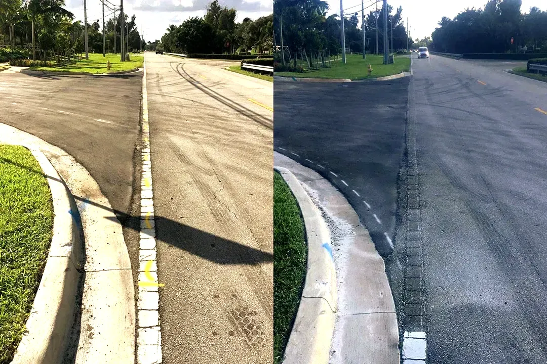 A before and after photo of a road with a curb.