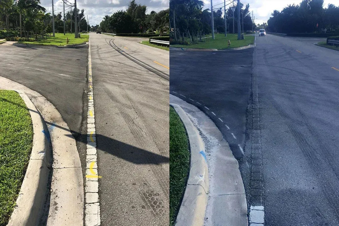 A before and after photo of a road with a curb.
