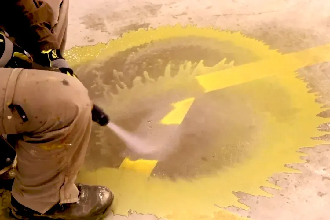 A person is spraying yellow paint on a concrete surface.