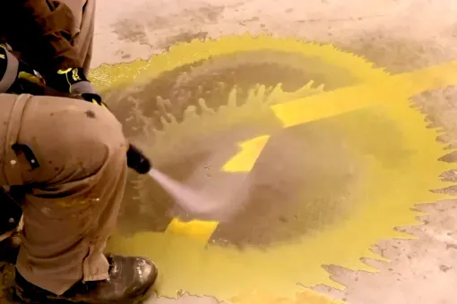 A person is spraying yellow paint on a concrete surface.