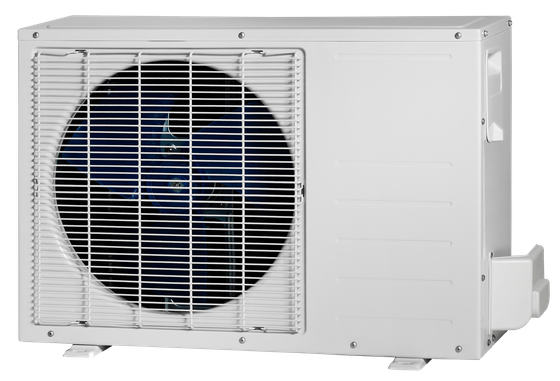 A white air conditioner with a black fan on a white background