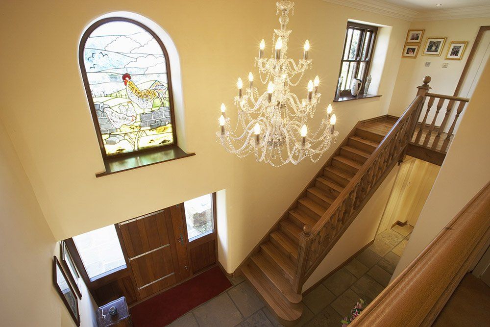 Staircase and chandelier