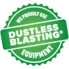 A green stamp that says `` we proudly use dustless blasting equipment ''.