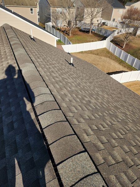 Shadow of person on brown shingled roof