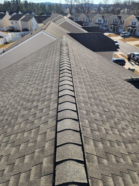 View of a residential roof with shingle tiles and a decorative ridge cap
