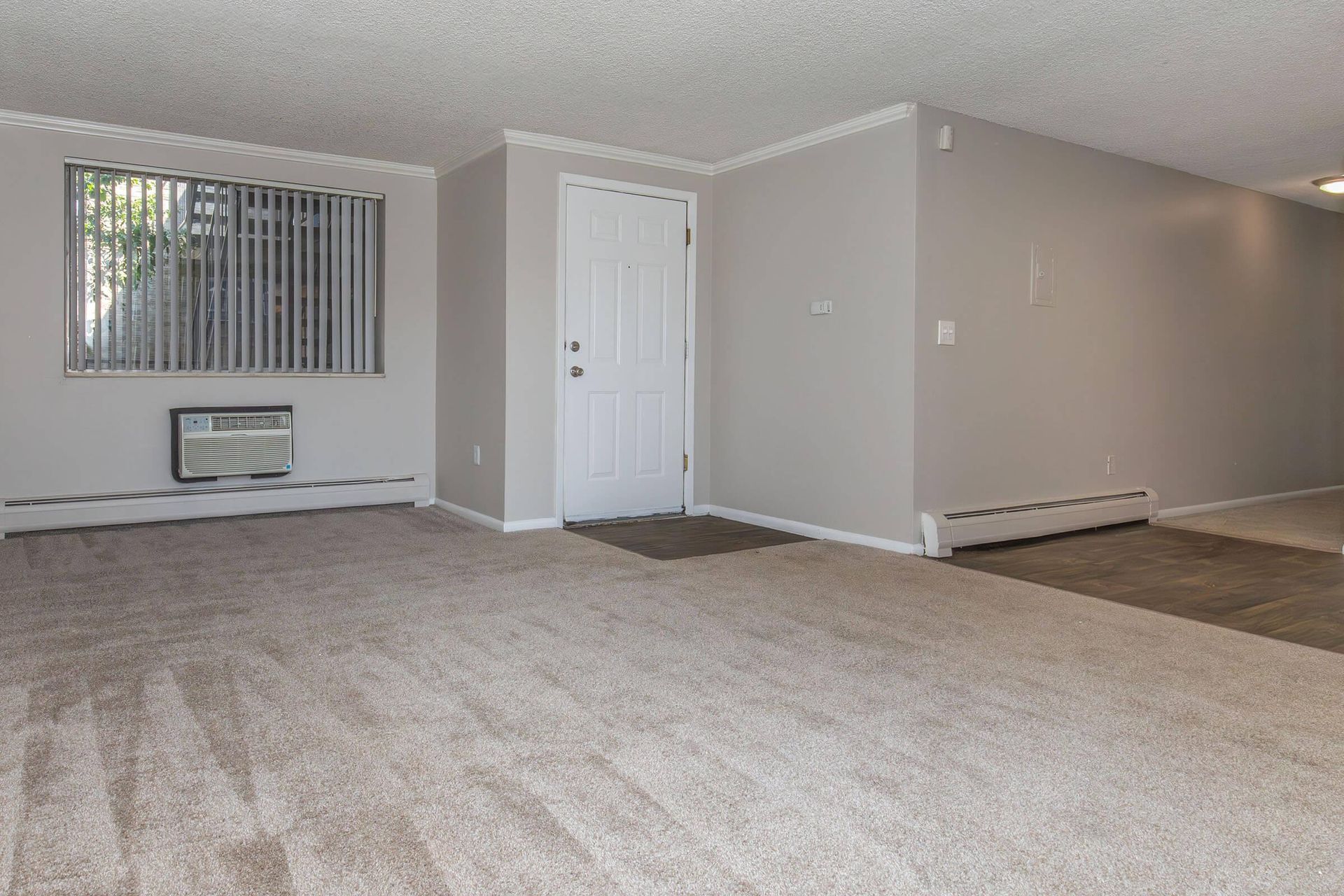 Living room with beige carpet, light gray walls, white door, and window with blinds.