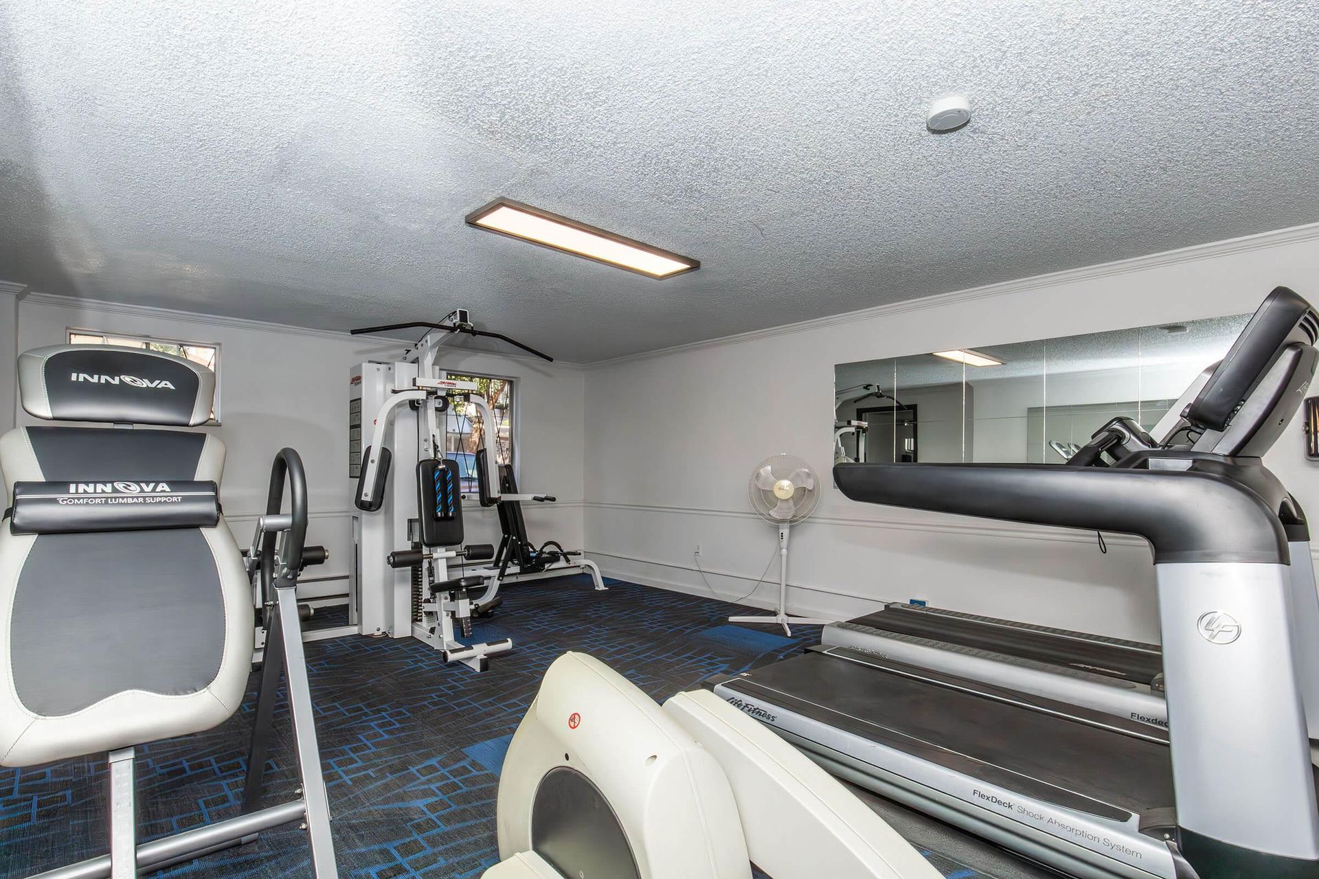Gym with treadmills, weight machine, and other fitness equipment. Blue carpet, white walls, and a mirror are present.