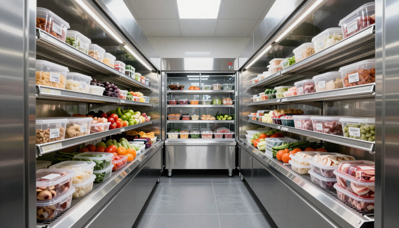 Grocery store refrigerated aisle with shelves of packaged produce and meats under bright lights