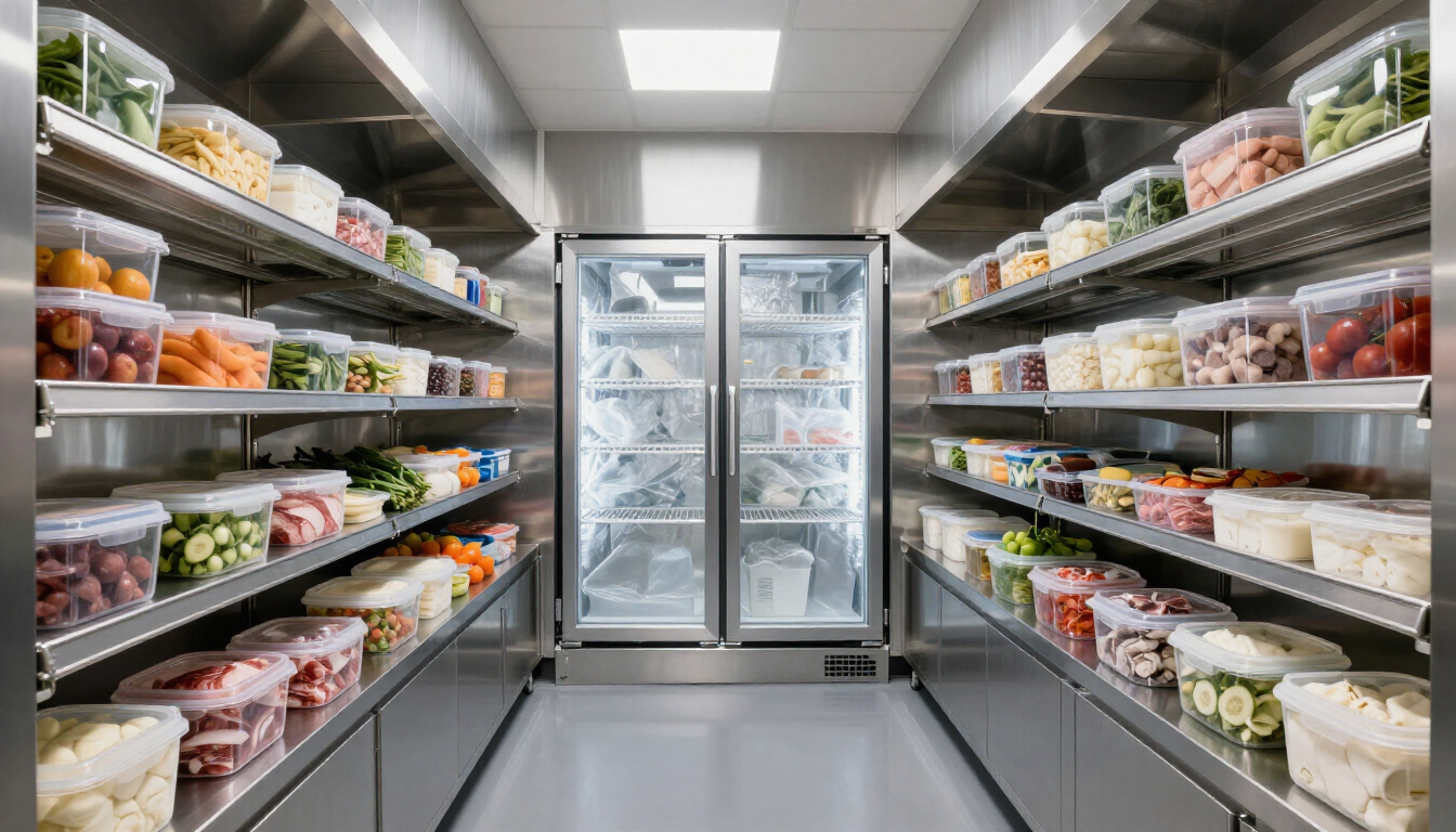 Grocery store freezer aisle with shelves of packaged food and glass-doored refrigerators at the end