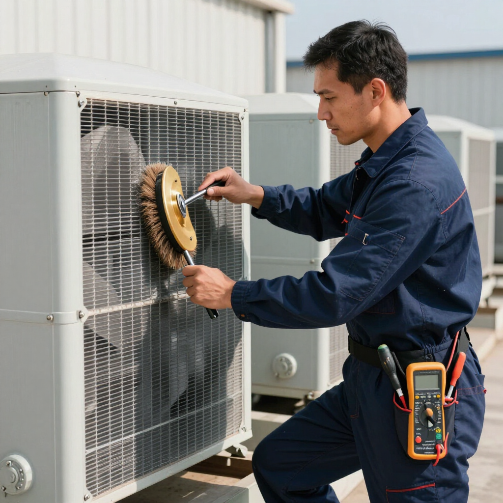 Technician cleaning an outdoor air conditioner unit with a brush and cloth