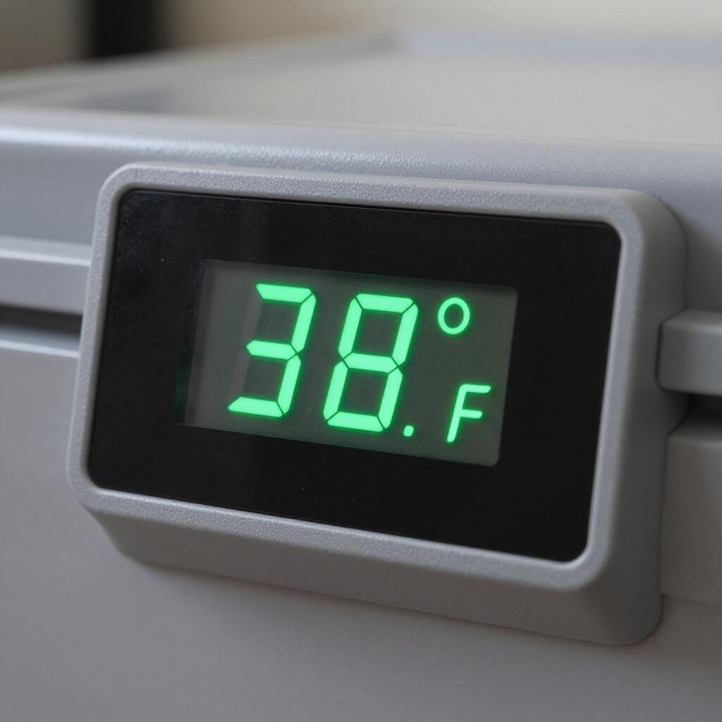Green digital display showing 38°F on a gray panel