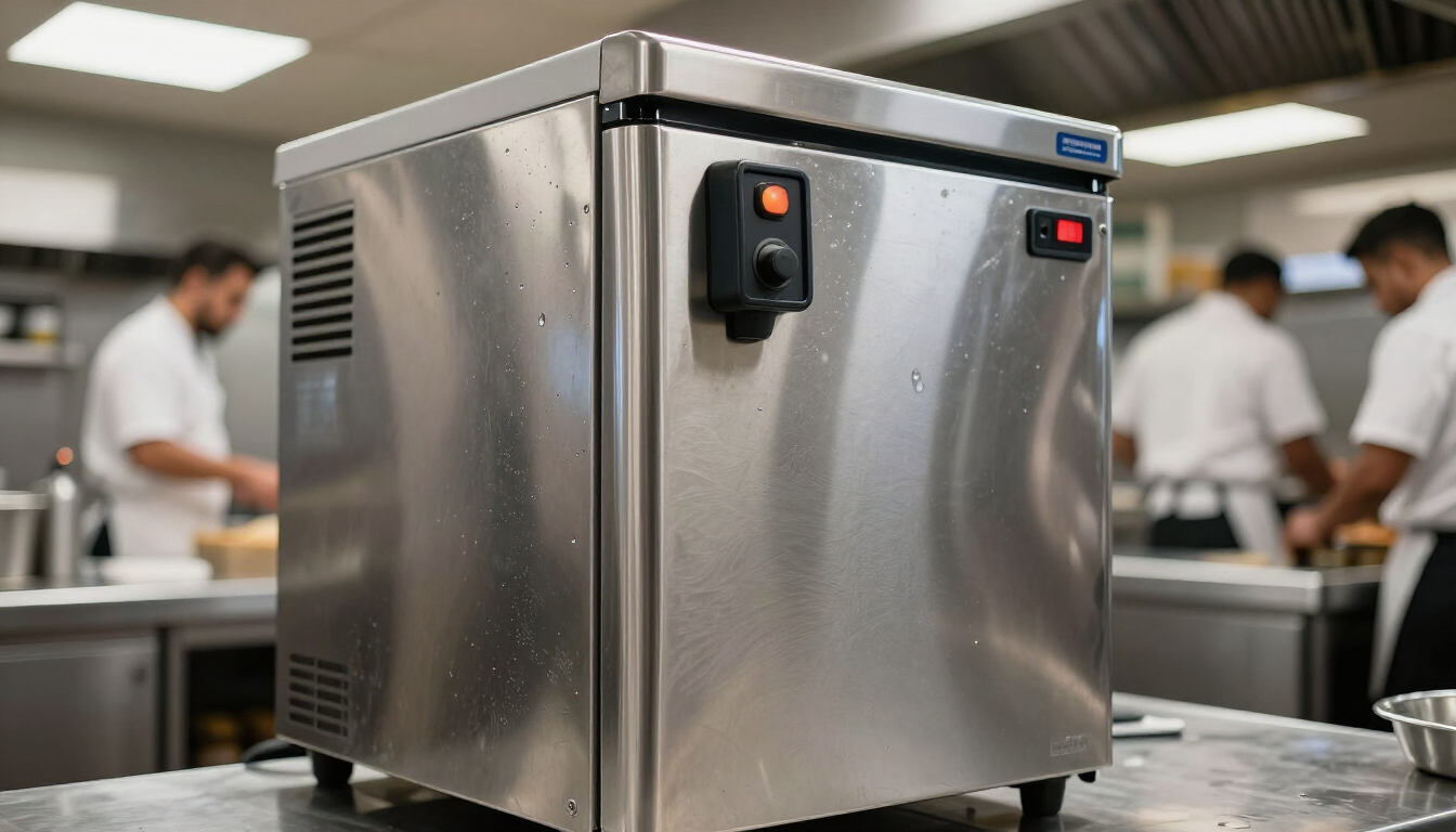 Stainless steel kitchen appliance with control panel on a prep table in a commercial kitchen
