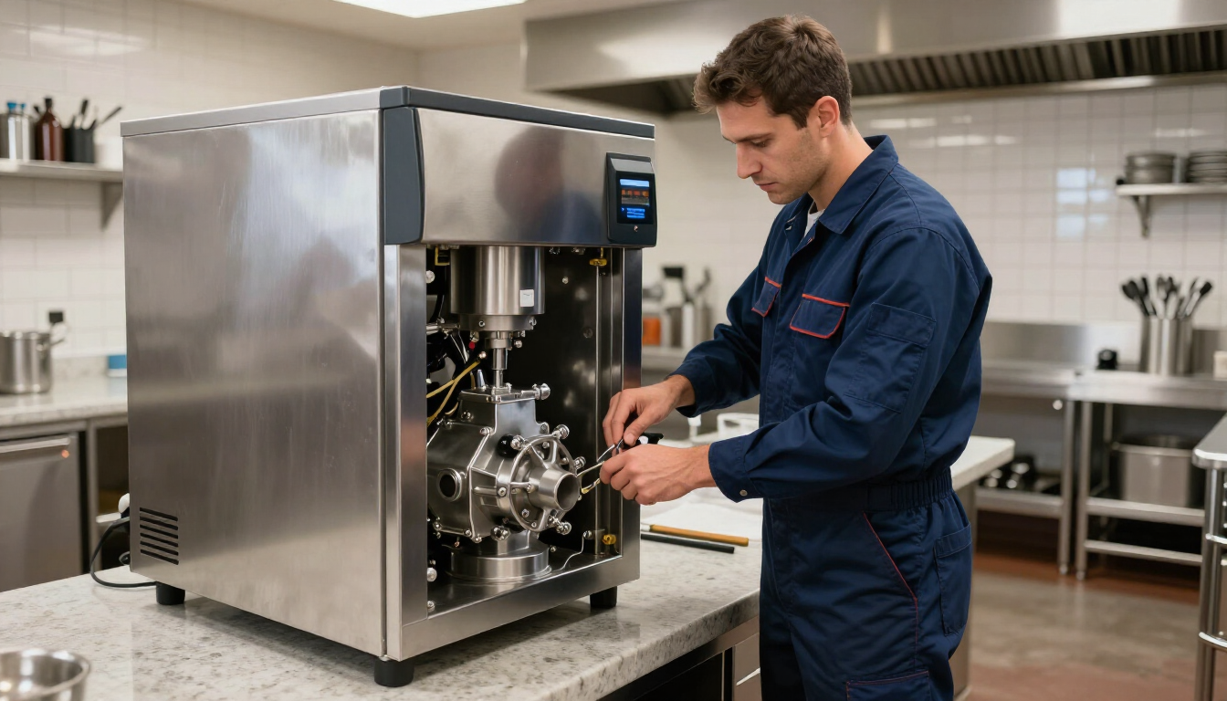 Technician operates a stainless steel industrial machine in a clean laboratory kitchen setting