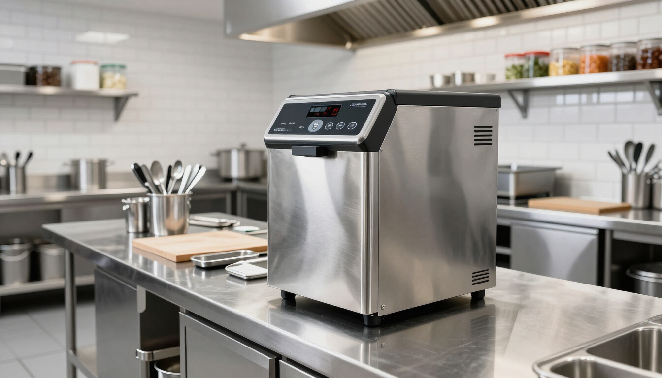 Stainless steel countertop appliance in a commercial kitchen with utensils and shelves in the background