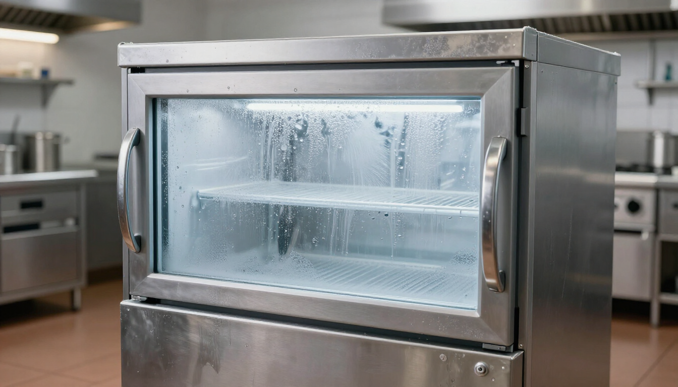 Stainless steel commercial steamer with glass door in a kitchen, covered in condensation.