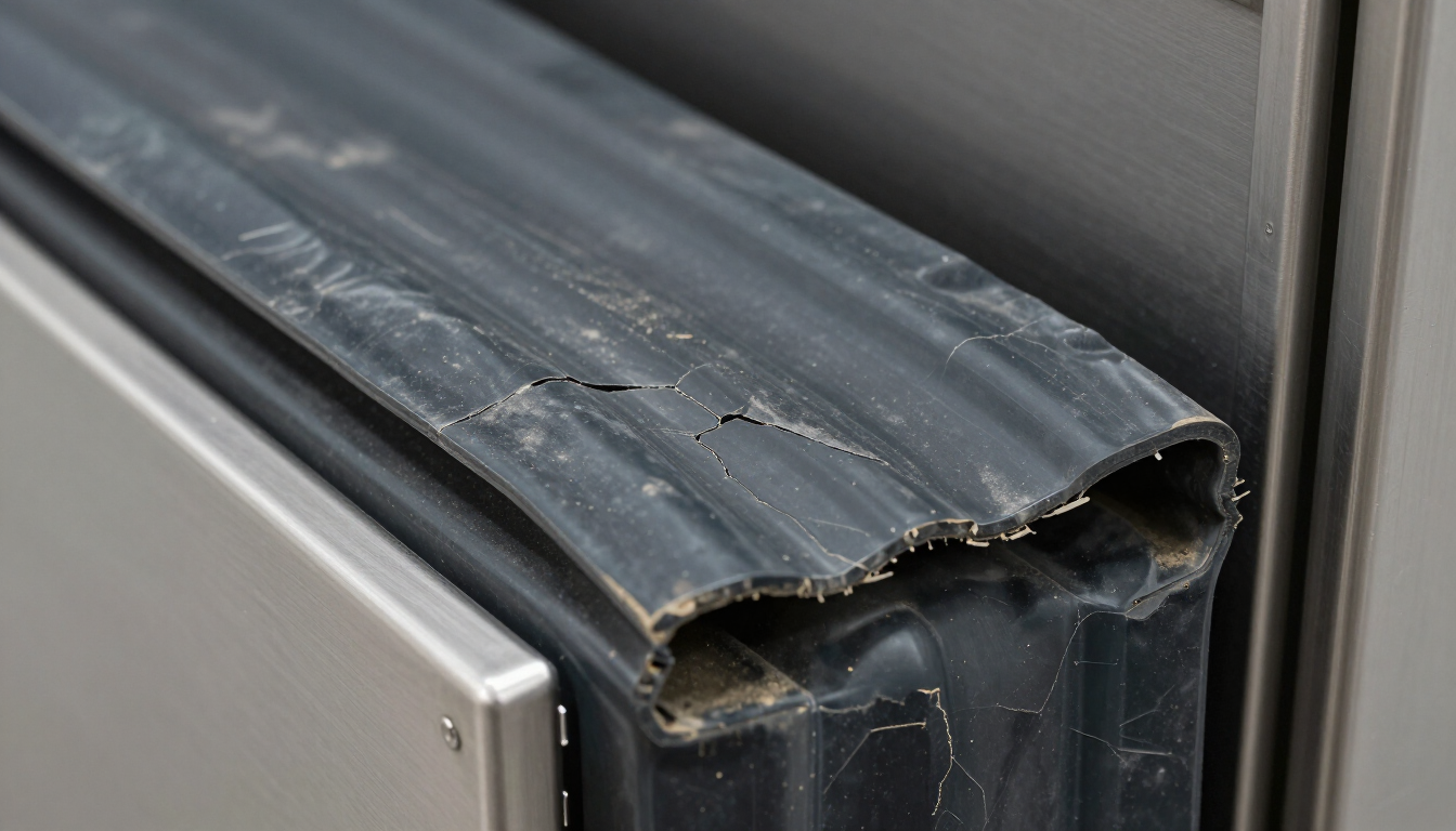 Close-up of a torn black rubber weather seal on a metal frame