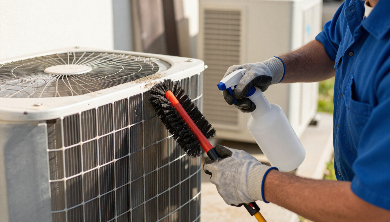 Technician cleaning outdoor air conditioner unit with brush and spray bottle