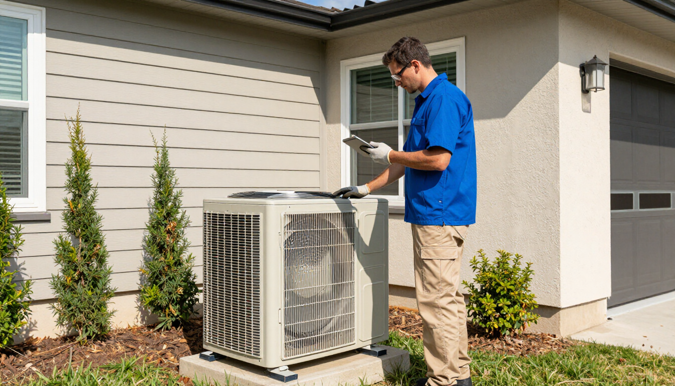 Technician inspecting an outdoor air conditioner unit beside a house