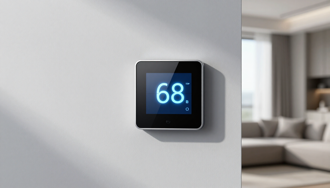 Digital thermostat on a wall displaying 68° in a modern living room
