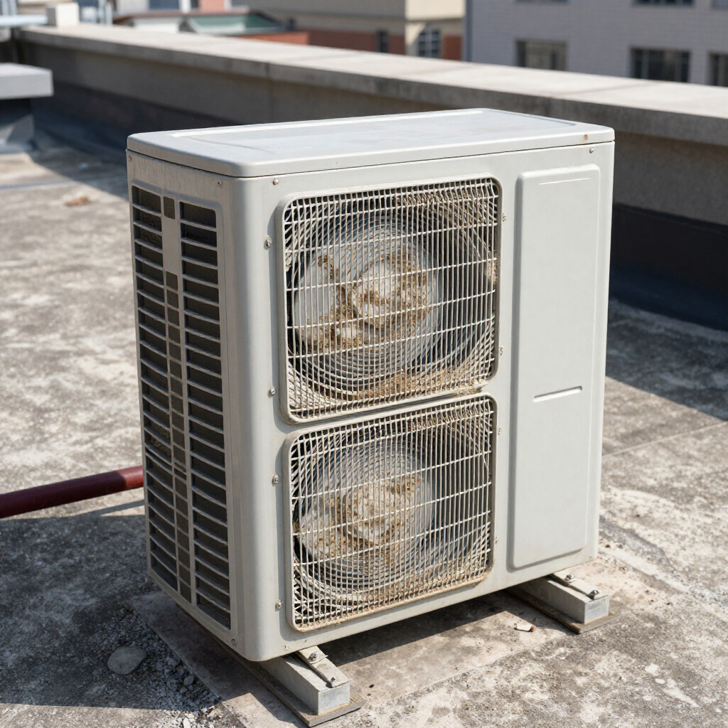 Outdoor air conditioning unit on a rooftop, with two front fans in a white metal casing.