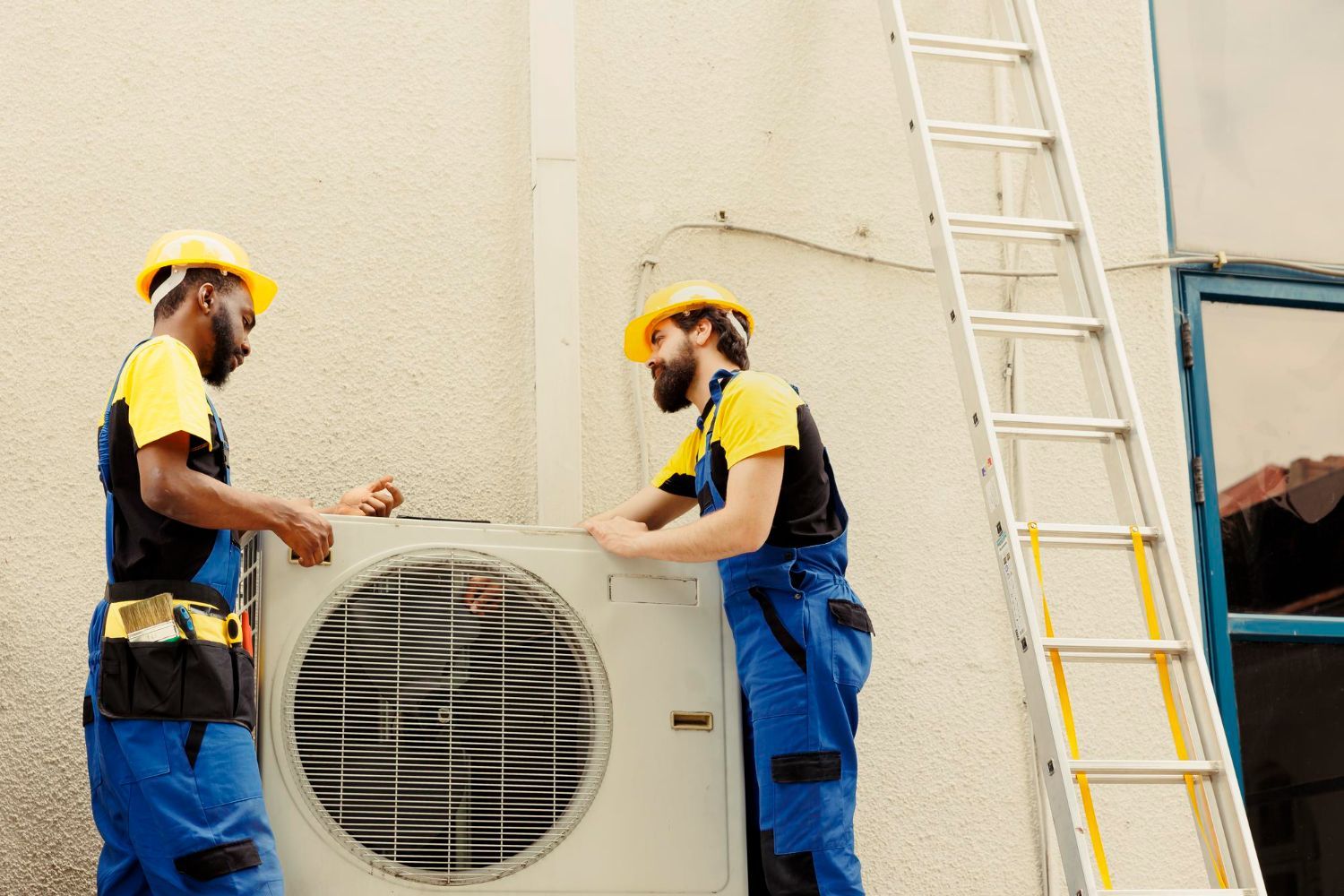 Two workers in yellow hard hats install an outdoor air-conditioning unit beside a ladder.