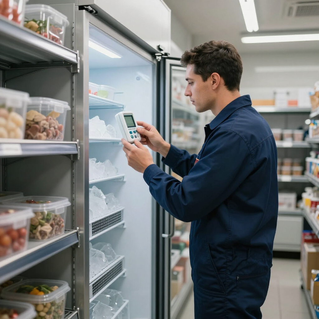 Worker checking the contents of a refrigerated storage unit in a grocery warehouse