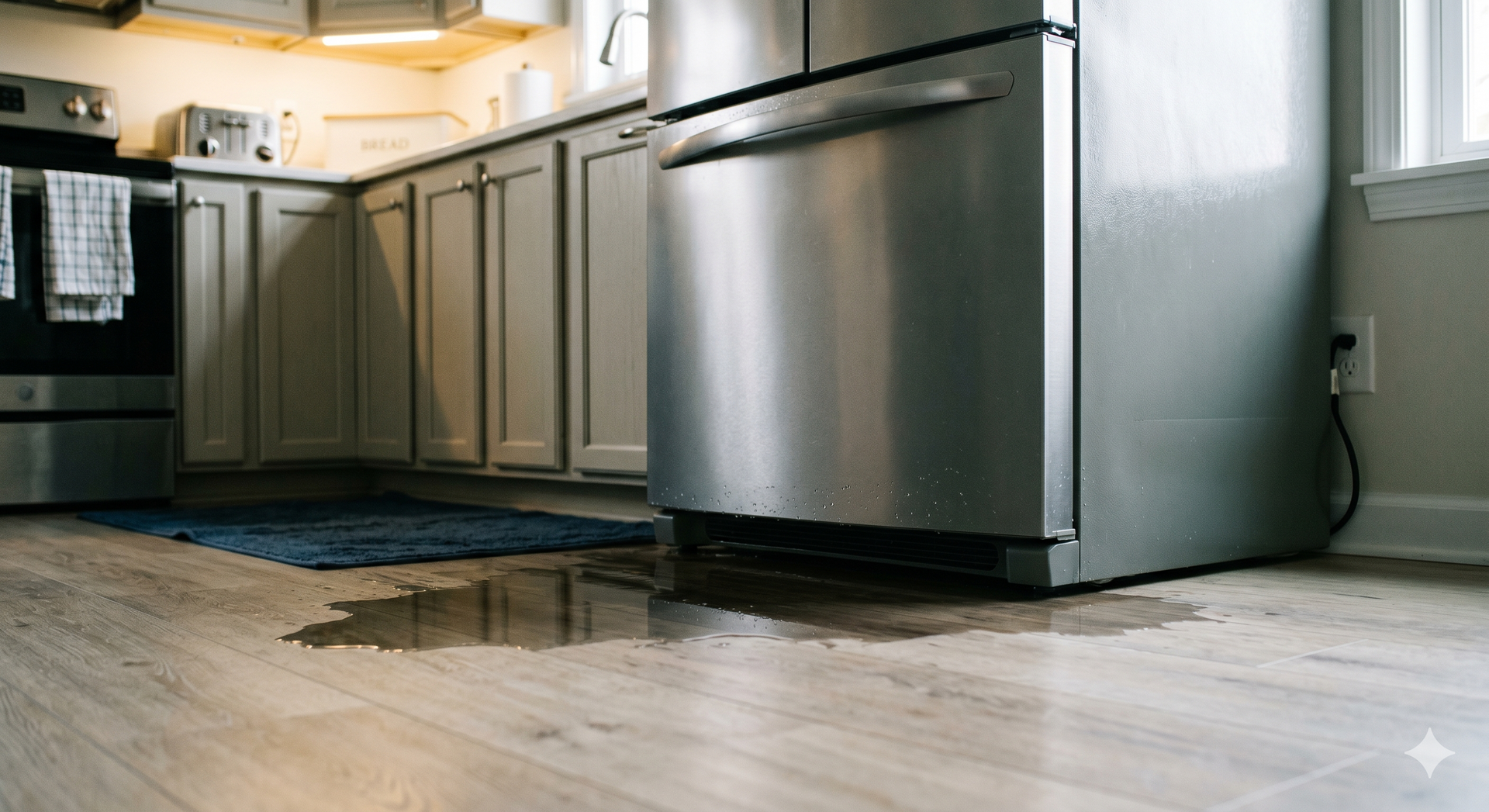 Modern kitchen with stainless steel appliances and a water spill on the wood floor