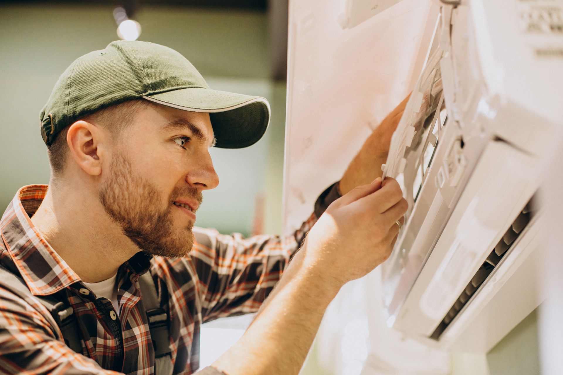 Technician in a green cap repairing a wall-mounted air conditioner with a screwdriver.